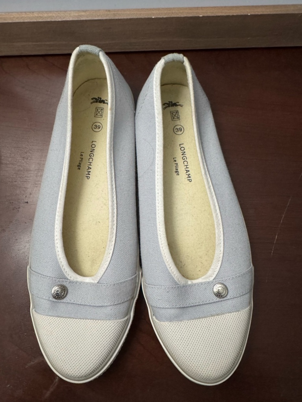 Longchamp Light Gray Canvas Slip-On Flats with White Toe Caps